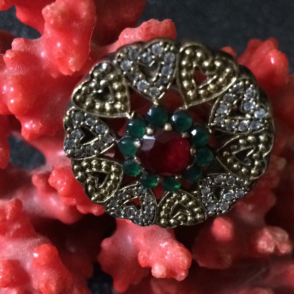 Vintage sterling brassruby emerald ring